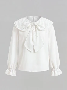 SHEIN Teen Girlkids Loose Casual Minimalist Comfortable Ruffle Bow Tie Lace-Up Beaded Blouse Back To School - White - View 3