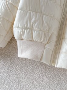 女童純色長袖前開拉鍊毛領連帽冬季外套 - 杏色 - 查看 7