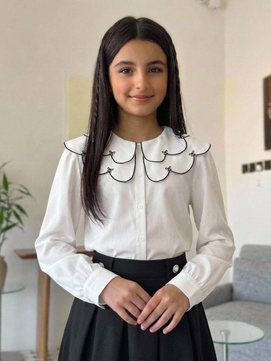SHEIN Tween Girl Kids Loose Casual Minimalist Comfortable Daily Wear School Style White Frill Trim Puff Sleeve Elegant Ruffle Button Front Layered Wavy Collar Embroidered Bow Pattern White Blouse - White - View 1