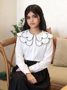 SHEIN Tween Girl Kids Loose Casual Minimalist Comfortable Daily Wear School Style White Frill Trim Puff Sleeve Elegant Ruffle Button Front Layered Wavy Collar Embroidered Bow Pattern White Blouse - White - View 6