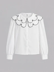 SHEIN Tween Girl Kids Loose Casual Minimalist Comfortable Daily Wear School Style White Frill Trim Puff Sleeve Elegant Ruffle Button Front Layered Wavy Collar Embroidered Bow Pattern White Blouse - White - View 5