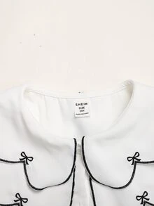 SHEIN Tween Girl Kids Loose Casual Minimalist Comfortable Daily Wear School Style White Frill Trim Puff Sleeve Elegant Ruffle Button Front Layered Wavy Collar Embroidered Bow Pattern White Blouse - White - View 4