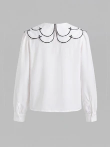 SHEIN Tween Girl Kids Loose Casual Minimalist Comfortable Daily Wear School Style White Frill Trim Puff Sleeve Elegant Ruffle Button Front Layered Wavy Collar Embroidered Bow Pattern White Blouse - White - View 2