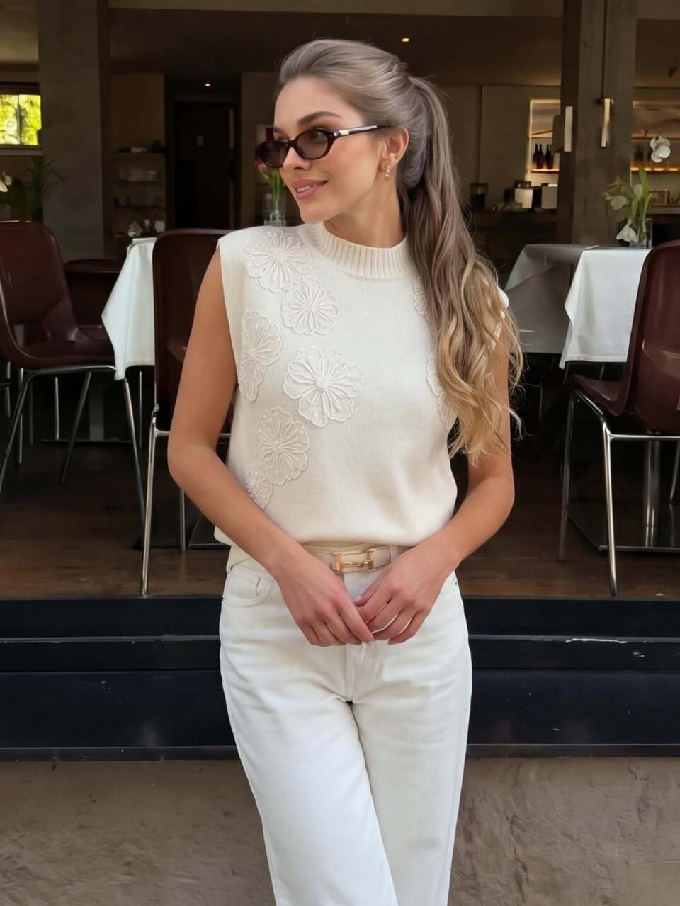 Anewsta Soft Cream White Knit Vest For Women, 3D Mesh Embroidery Floral Round Neck Sleeveless Short Vest, Autumn/Winter Layering Versatile Gentle Style Outerwear