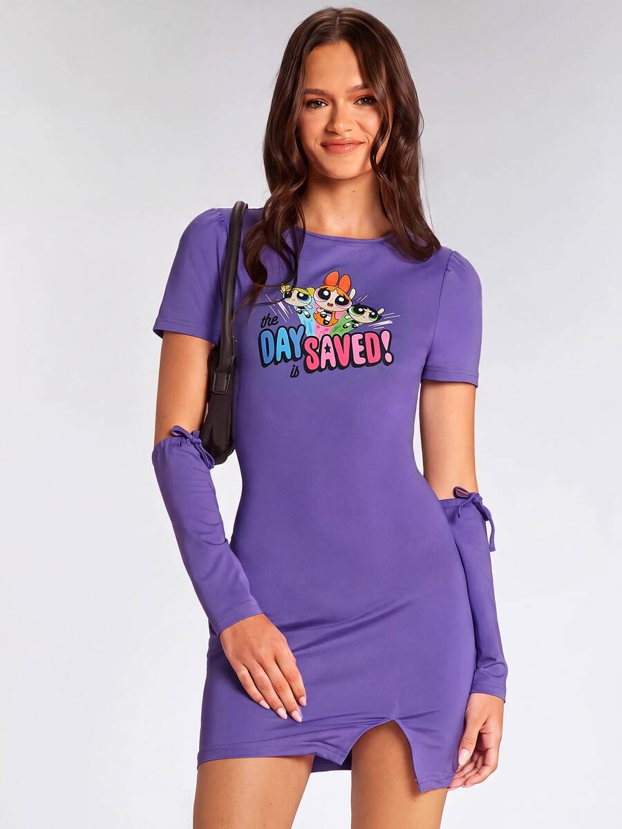 THE POWERPUFF GIRLS X SHEIN Letter & Cartoon Graphic Split Hem Bodycon Dress With Arm Sleeves - Purple - View 1