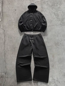 AXEPEAK Men's Airplane Buckle Hooded Sweatshirt And Sweatpants Casual Daily Set - Black - View 2