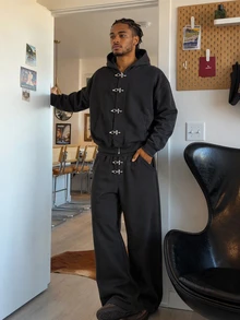 AXEPEAK Men's Airplane Buckle Hooded Sweatshirt And Sweatpants Casual Daily Set - Black - View 1