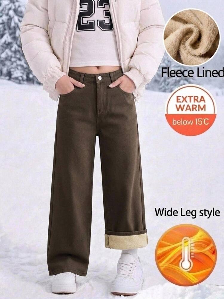 SHEIN Girls' Brown Denim Fleece Tween Girl Lined Loose Wide Leg Long Pants, Autumn/Winter Pair With A White Shirt - Brown - View 2