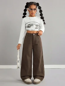 SHEIN 女童棕色丹寧抓絨內裡寬腿長褲，適合青少年女孩，秋冬穿搭白色襯衫 - 棕色 - 查看 4