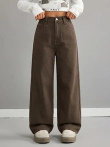 SHEIN 女童棕色丹寧抓絨內裡寬腿長褲，適合青少年女孩，秋冬穿搭白色襯衫 - 棕色 - 查看 3