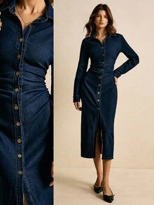 SHEIN Tall 女款長袖單排扣修身休閒牛仔襯衫洋裝 - 藍色 - 查看 7