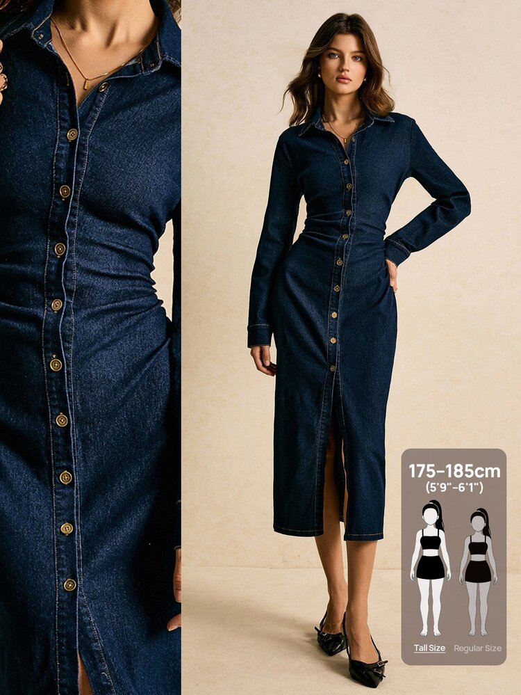 SHEIN Tall Women's Long Sleeve Single-Breasted Fitted Casual Denim Shirt Dress Fall/Winter Elegant Formal Business Y2k Cute Basic Chic Halloween School Tall - Blue - View 1