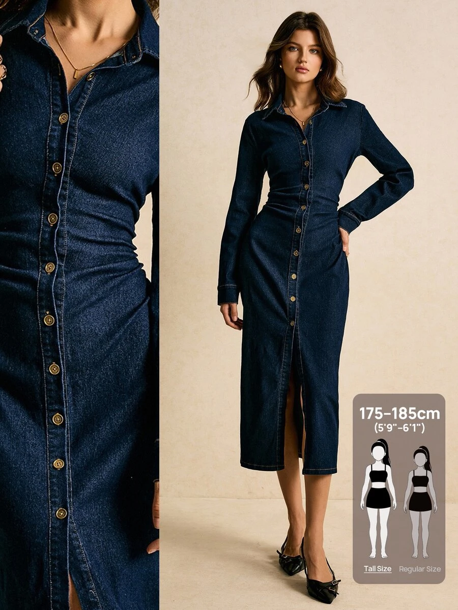 SHEIN Tall 女款長袖單排扣修身休閒牛仔襯衫洋裝 - 藍色 - 查看 1