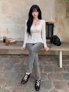 Sweetina تي شيرت كاجوال مثير بياقة دانتيل وأكمام طويلة - أبيض - مشاهدة 3