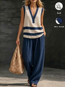 Linhara CURVE Plus Size Navy Blue Colorblock Sleeveless Shirt And Wide Leg Pants 2 Pieces Set - Multicolor - View 1