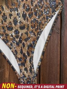 SHEIN 女士时尚性感豹纹亮片连体衣 - 咖啡棕 - 查看 5