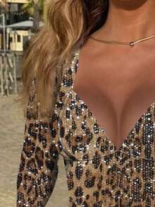 SHEIN 女士时尚性感豹纹亮片连体衣 - 咖啡棕 - 查看 4