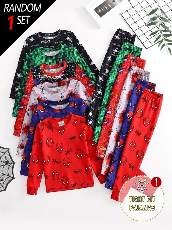 SHEIN 6pcs/Set Boy's And Young Boy Home Clothes, Game Console & Astronaut Pattern Fitted Knit Long Sleeve Top And Pants Loungewear Set