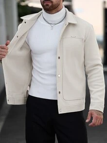 Manfinity CasualCool 男士純色休閒長袖外套，秋冬男士米白色鈕扣外套 - 杏色 - 查看 8