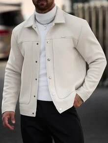 Manfinity CasualCool 男士純色休閒長袖外套，秋冬男士米白色鈕扣外套 - 杏色 - 查看 6