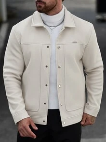Manfinity CasualCool 男士純色休閒長袖外套，秋冬男士米白色鈕扣外套 - 杏色 - 查看 7