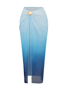 Swim SXY 女士夏季紧身度假渐变印花休闲编织绳沙滩网纱裙三件套泳衣 - 藍色 - 查看 6