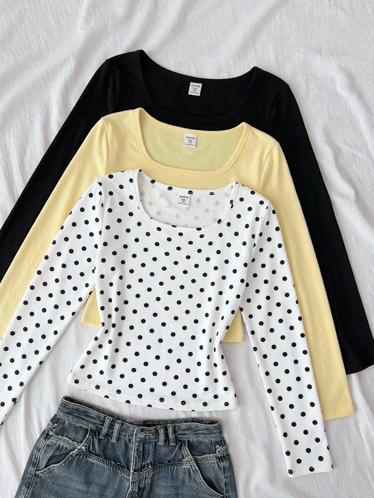 SHEIN Tween Girl T-Shirts Polka Kids Dot Pattern & Solid Color Knitted Fitted Long Sleeve T-Shirts 3pcs Set, Suitable For Spring/Summer, Casual, Outfit - Multicolor - View 1