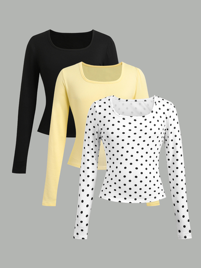 SHEIN Tween Girl Tween Girl T-Shirts Polka Dot Pattern & Solid Color Knitted Fitted Long Sleeve T-Shirts 3pcs Set, Suitable For Spring/Summer, Casual, Personalized Outfit