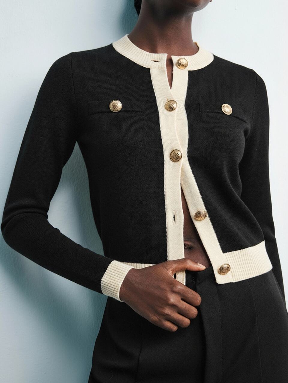 SHEIN Maija Women's Round Neck Knitted Long Sleeve Cardigan,Black And White,Autumn,Elegant,Office Wear,Soft & Comfortable Business Casual Outerwear Top