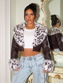 SHEIN SXY Jaket Kasual Serbaguna Wanita dari Kulit PU dan Bulu Imitasi - MultiWarna - View 4