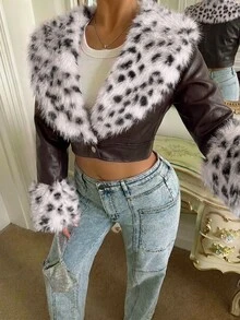 SHEIN SXY Jaket Kasual Serbaguna Wanita dari Kulit PU dan Bulu Imitasi - MultiWarna - View 3
