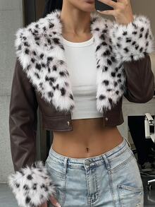 SHEIN SXY Jaket Kasual Serbaguna Wanita dari Kulit PU dan Bulu Imitasi - MultiWarna - View 6