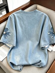 Resyla Denim Floral Print Casual Loose T-Shirt For Women - Multicolor - View 2