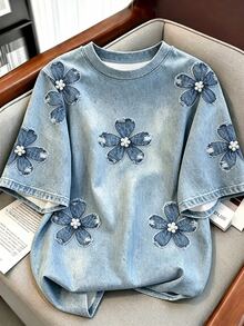 Resyla Denim Floral Print Casual Loose T-Shirt For Women - Multicolor - View 5