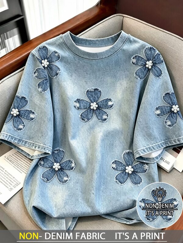 Resyla Denim Floral Print Casual Loose T-Shirt For Women