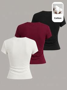 SHEIN Setelan 3 potong Slim Fit Kasual Minimalis Nyaman untuk Anak Perempuan Remaja, Kaos Lengan Panjang dan Pendek Ketat dengan Leher Bulat - MultiWarna - View 2