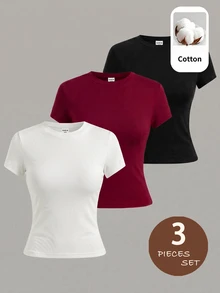SHEIN Setelan 3 potong Slim Fit Kasual Minimalis Nyaman untuk Anak Perempuan Remaja, Kaos Lengan Panjang dan Pendek Ketat dengan Leher Bulat - MultiWarna - View 5