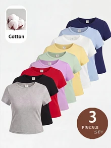 SHEIN Setelan 3 potong Slim Fit Kasual Minimalis Nyaman untuk Anak Perempuan Remaja, Kaos Lengan Panjang dan Pendek Ketat dengan Leher Bulat - MultiWarna - View 6