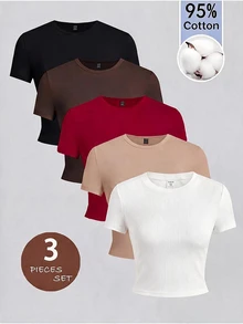 SHEIN Setelan 3 potong Slim Fit Kasual Minimalis Nyaman untuk Anak Perempuan Remaja, Kaos Lengan Panjang dan Pendek Ketat dengan Leher Bulat - MultiWarna - View 1