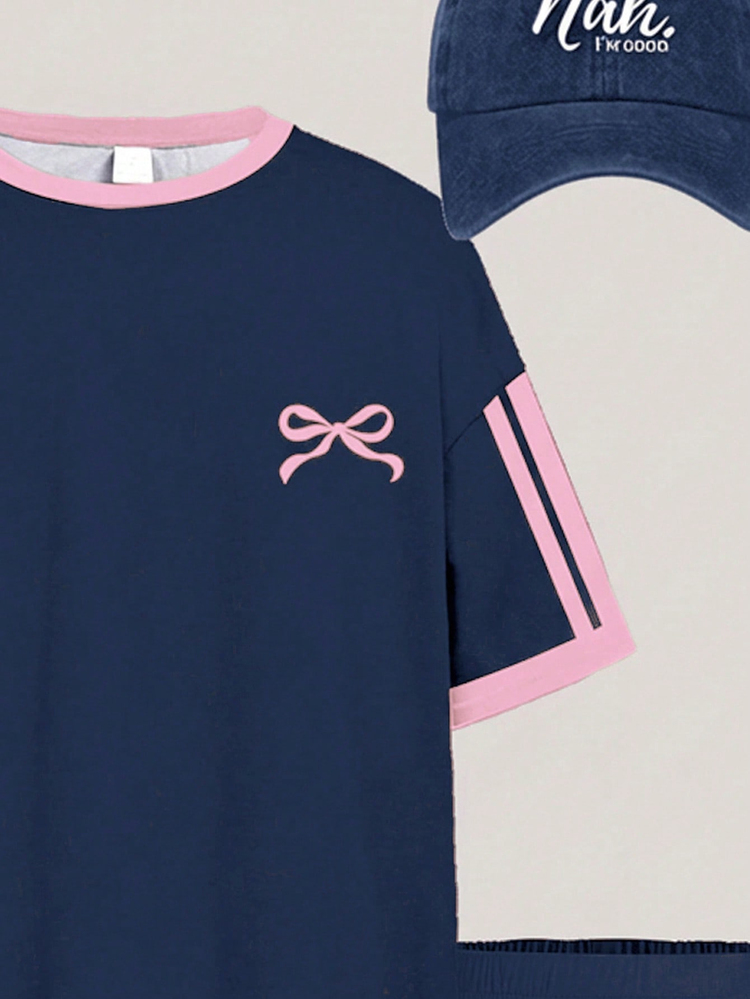 Navy Blue Tween Girl Cute Bow Print Striped Loose Round Neck T-Shirt And Skinny Bike Shorts Set,Summer School Back-To-School Daily Wear Sports Outfit - White - View 4