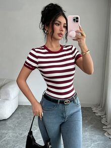 Elenzga 女款時尚藍白條紋圓領短袖夏季連身衣，適合夜出、性感休閒、校園、無底褲早午餐穿搭 - 酒紅色 - 查看 6