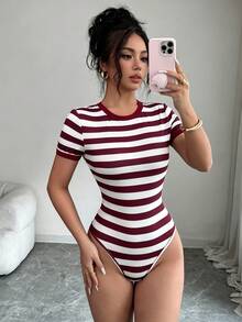 Elenzga 女款時尚藍白條紋圓領短袖夏季連身衣，適合夜出、性感休閒、校園、無底褲早午餐穿搭 - 酒紅色 - 查看 8