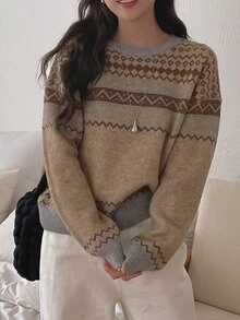 DAZY 格紋寬鬆版型長袖圓領女款針織衫 - 杏色 - 查看 1