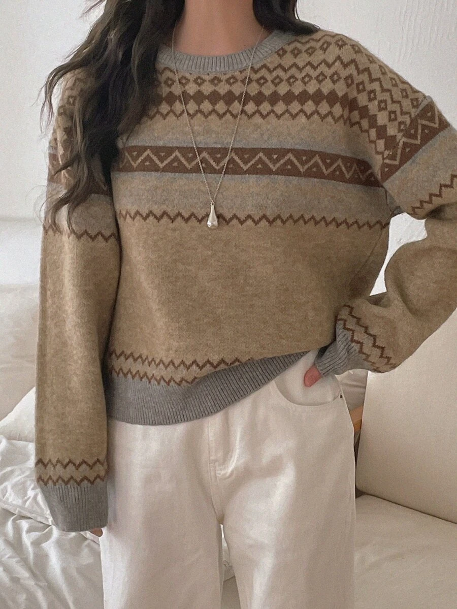 DAZY Sweater Wanita Lengan Panjang Kerah Bulat Model Longgar Motif Kotak-kotak - Aprikot - View 1