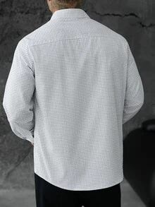 SLATEMANN 男士黑白格紋小方格領口鈕扣休閒商務通勤修身長袖襯衫 生日 工作 秋季 - 白色 - 查看 2