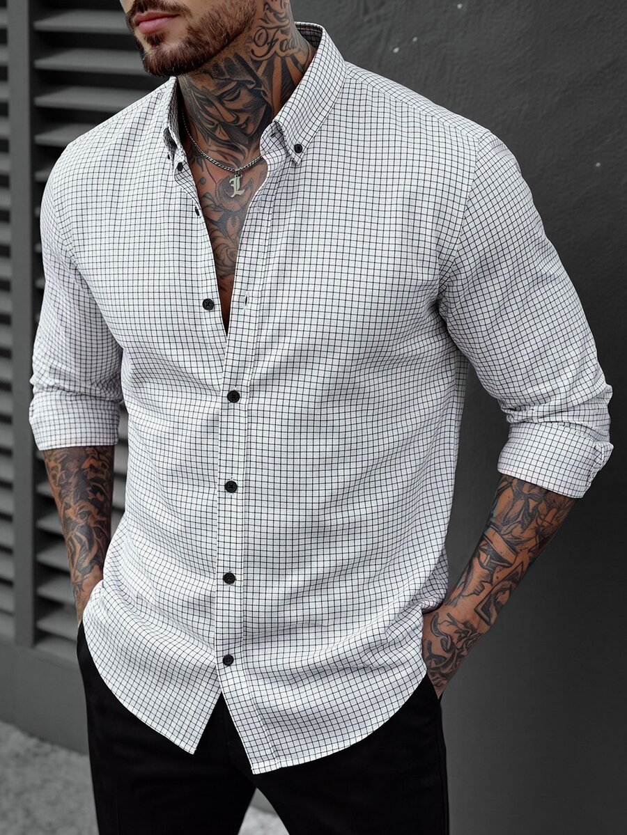 SLATEMANN Kemeja Pria Lengan Panjang Slim Fit Motif Kotak-kotak Hitam Putih dengan Kerah dan Kancing, Cocok untuk Bisnis, Perjalanan Kerja, atau Musim Gugur. - Putih - View 1