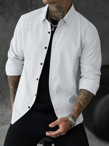 SLATEMANN 男士黑白格紋小方格領口鈕扣休閒商務通勤修身長袖襯衫 生日 工作 秋季 - 白色 - 查看 3