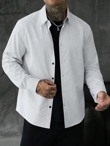 SLATEMANN 男士黑白格紋小方格領口鈕扣休閒商務通勤修身長袖襯衫 生日 工作 秋季 - 白色 - 查看 6