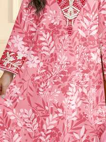 SHEIN 粉色花卉青少年女孩賈拉比亞，優雅串珠波希米亞風青少年女孩阿拉伯長裙，秋季派對端莊傳統長袖卡夫坦祈禱袍休閒穿著 - 彩色 - 查看 7