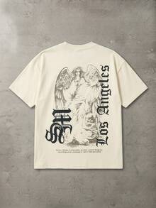 SUMWON Oversized Crew Neck Short Sleeve Graphic T-Shirt With Angel Print And Los Angeles Gothic Text Back Print - Apricot - View 2